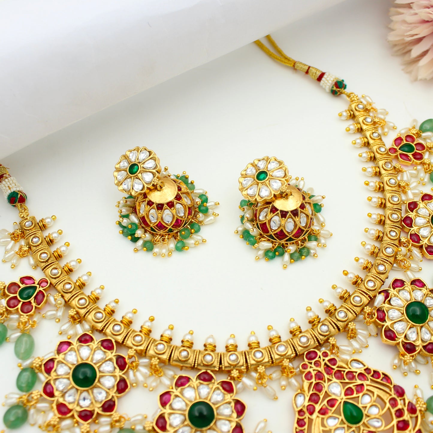 42544 Guttapusalu Broad Short Necklace Set With Russian Beads and Push Back Earrings