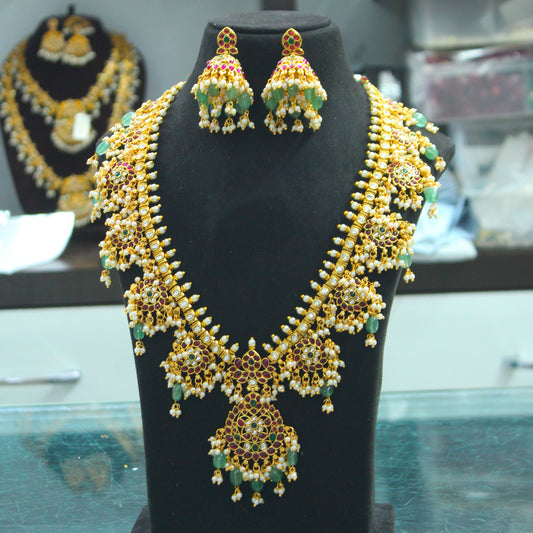 42541 Pota Stone Guttapusalu Long Necklace Set Multi With Push Back Earrings