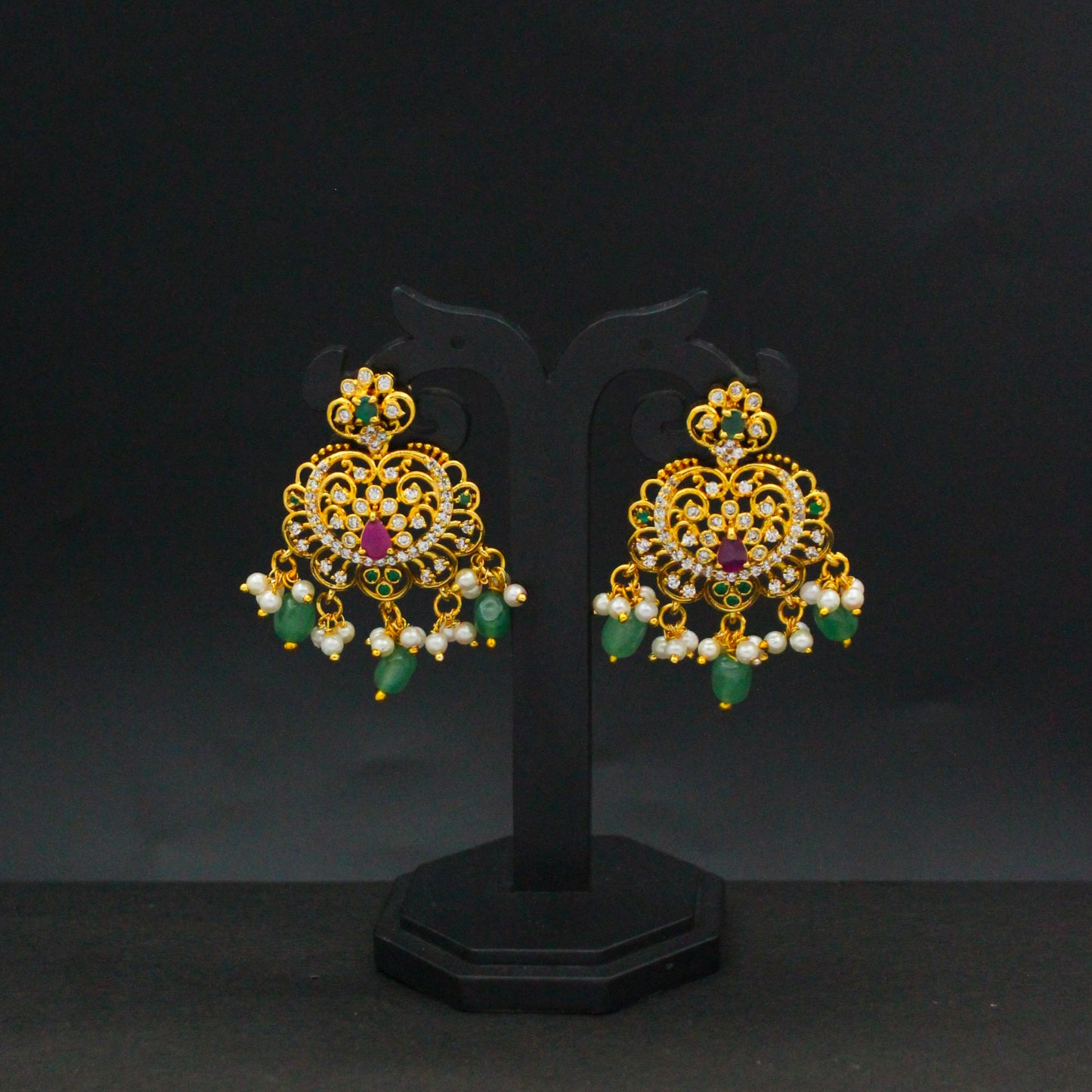 42564 Chandbali Earrings Multi  Green Beads Push Back