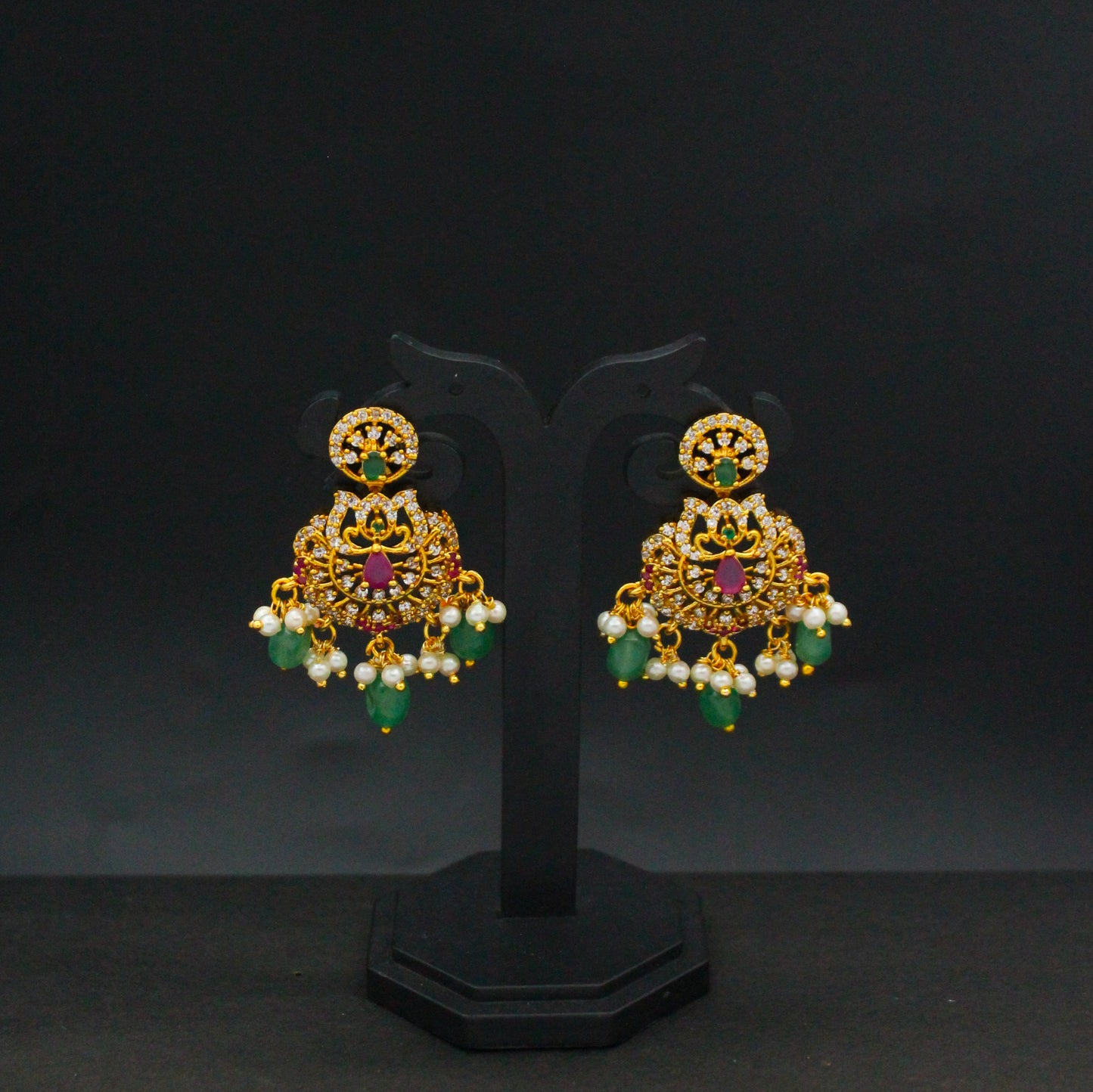42566 CZ Multi Stone Chandbali Earrings With Green Beads Push Back