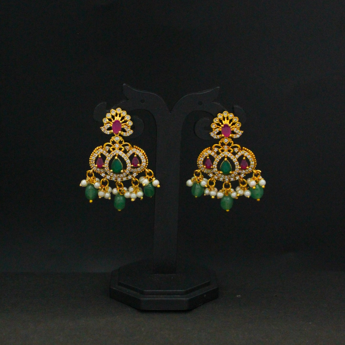 42569 Multi Stone Chandbali Earrings With Green Beads Push Back