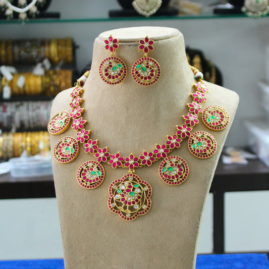 Jadau Peacock Bottumala Short Necklace Set
