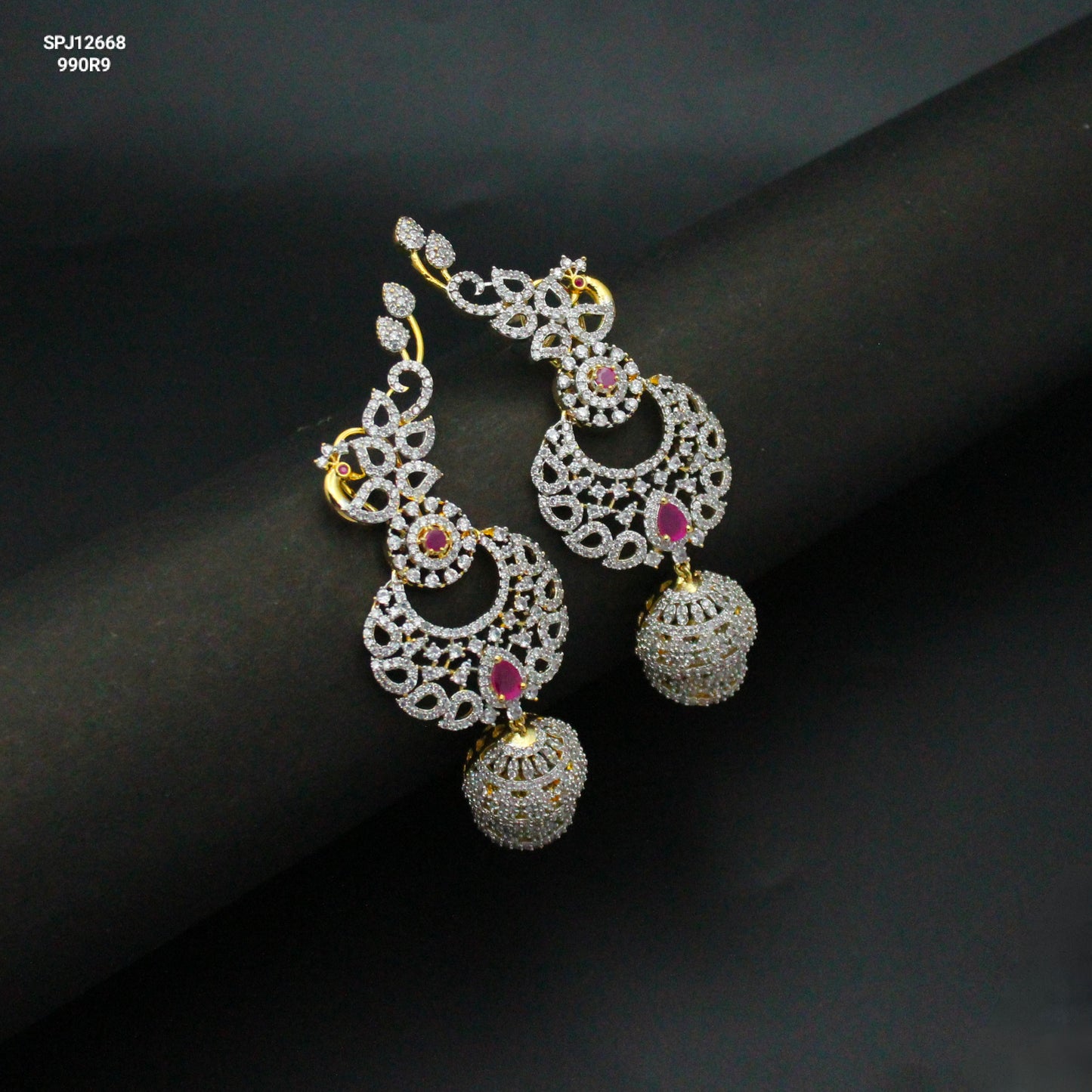 12668 Diamond look big size ruby stone jhumki