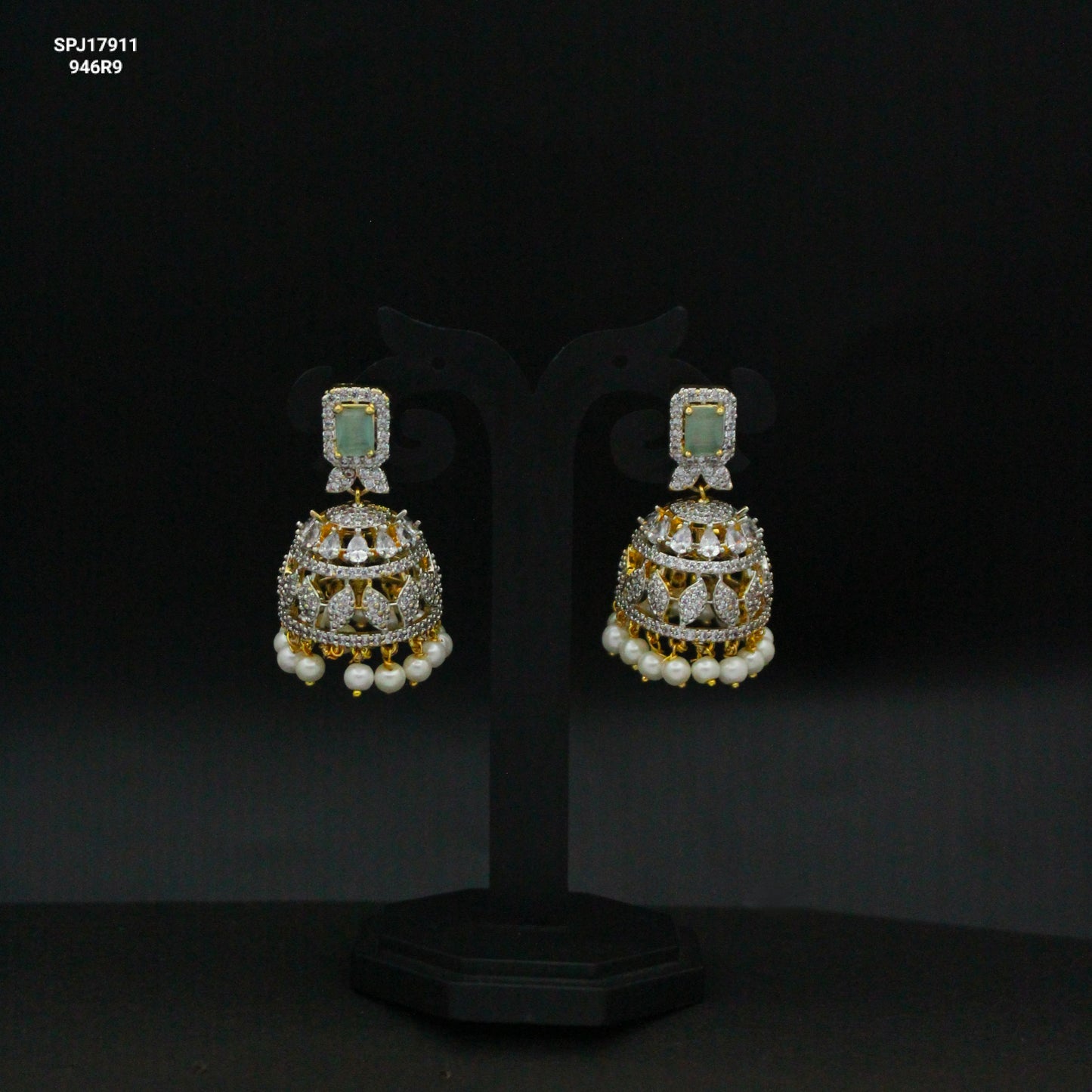 Diamond Look Mint Green Stone Jhumka Earrings