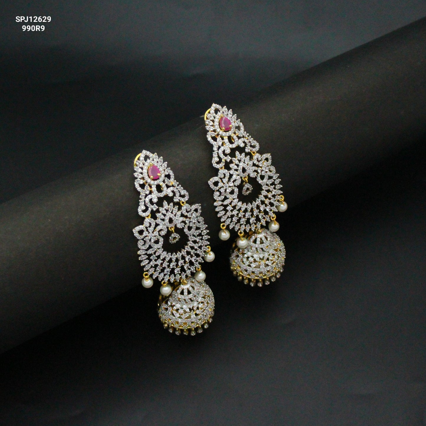 12629 Diamond look heavy ruby stone jhumki