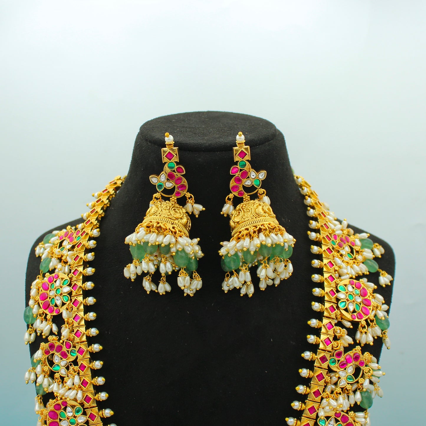 42573 Jadau Peacock Guttapusalu Long Necklace Set