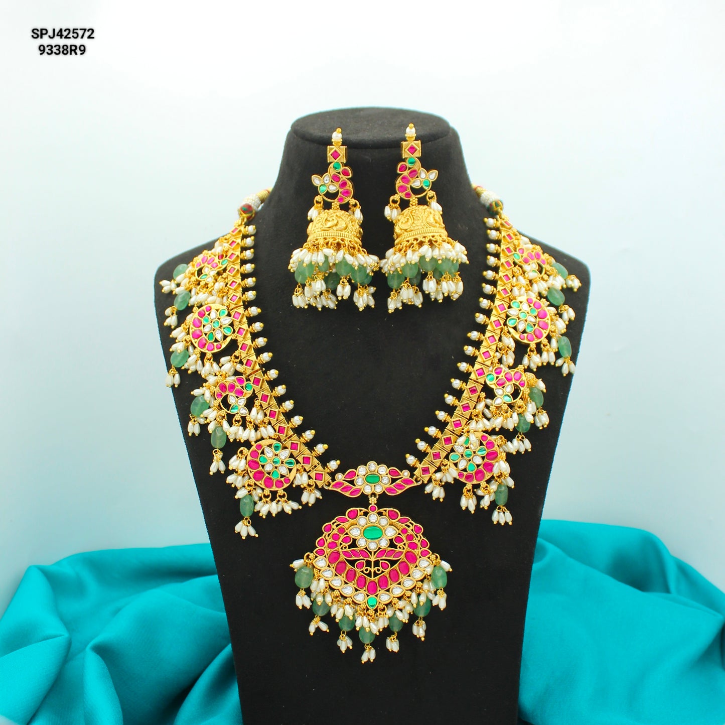 42572 Jadau Peacock Short Guttapusalu Necklace Set