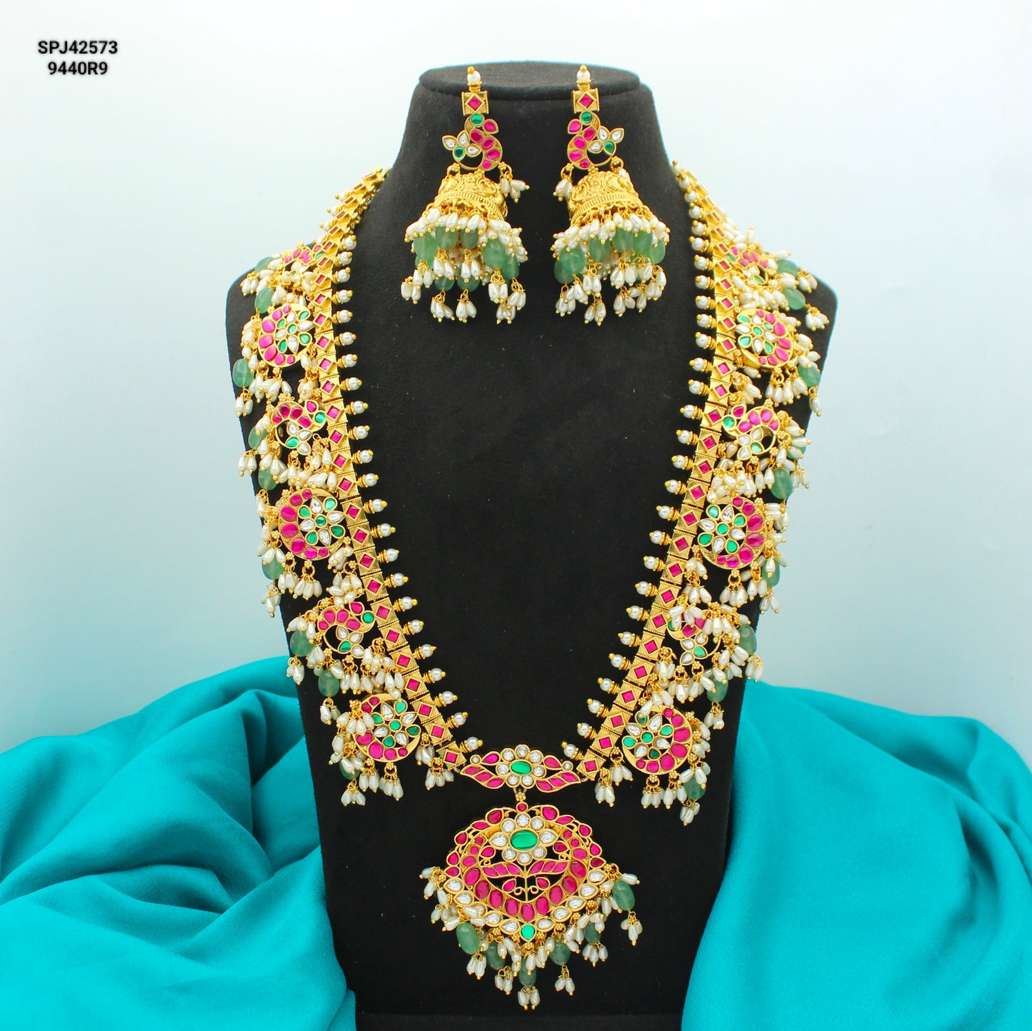 42573 Jadau Peacock Guttapusalu Long Necklace Set
