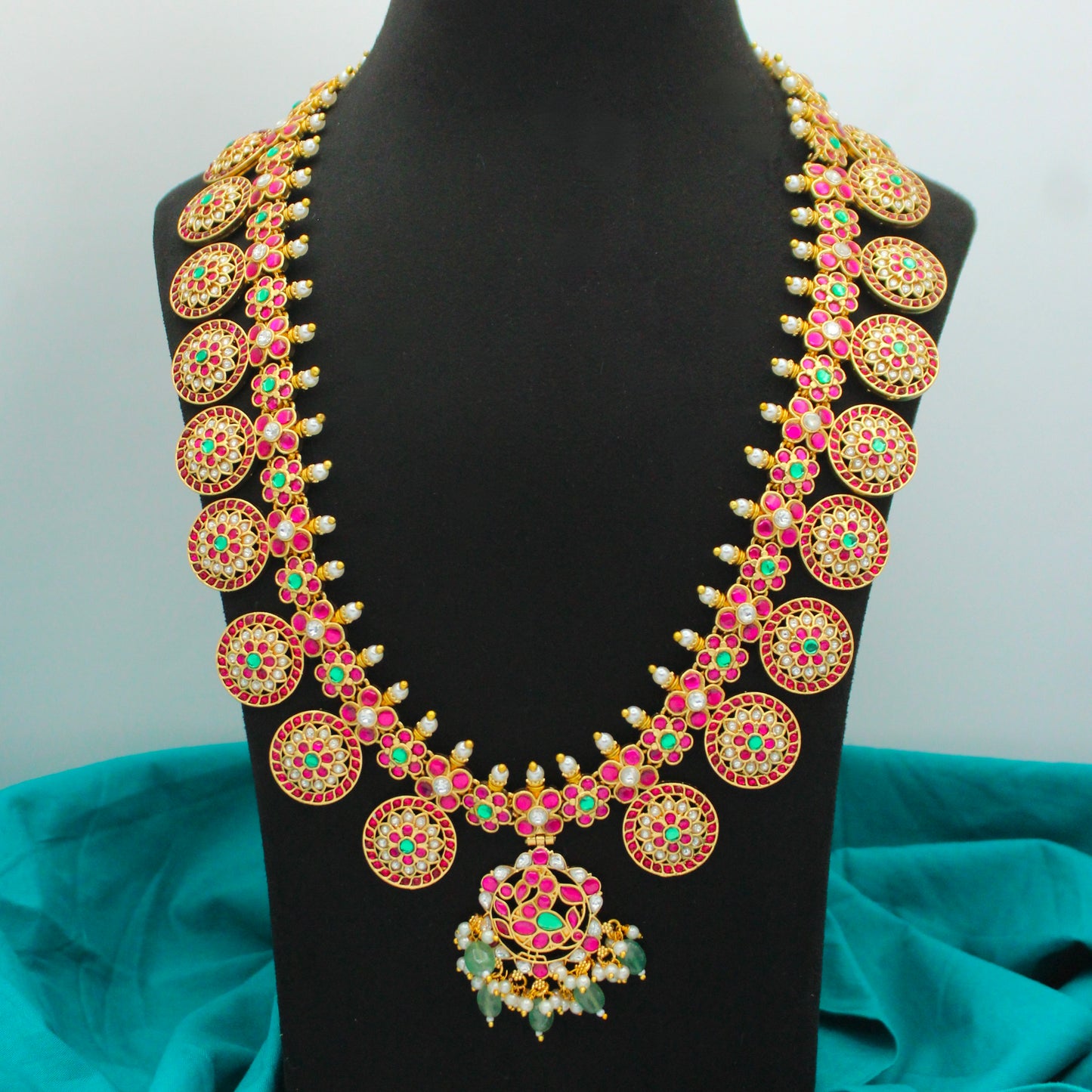 42635 Jadau Peacock Bottumala Long Necklace Set With Push Back Earrings