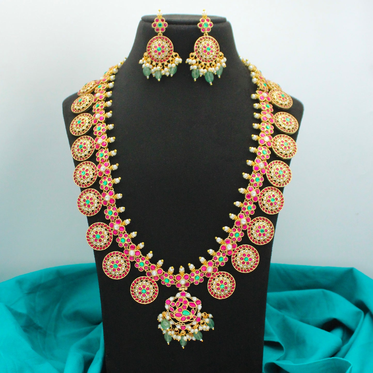 42635 Jadau Peacock Bottumala Long Necklace Set With Push Back Earrings