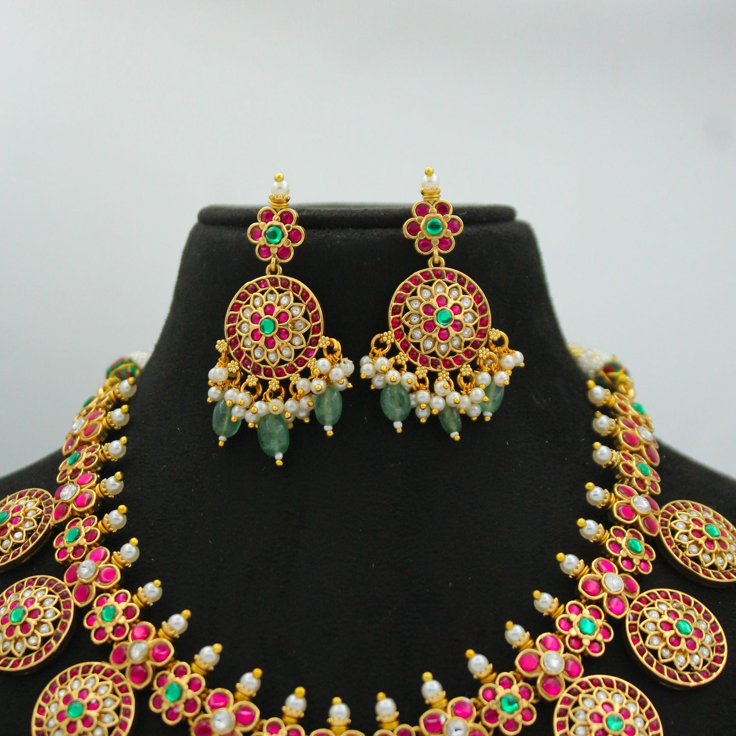 42634 Jadau Peacock Short Bottumala Necklace Set With Push Back Earrings
