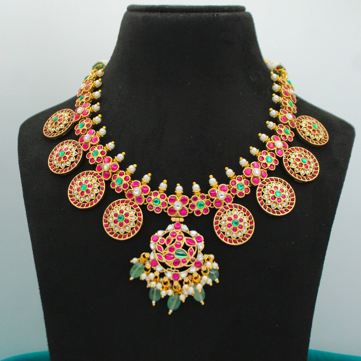 42634 Jadau Peacock Short Bottumala Necklace Set With Push Back Earrings