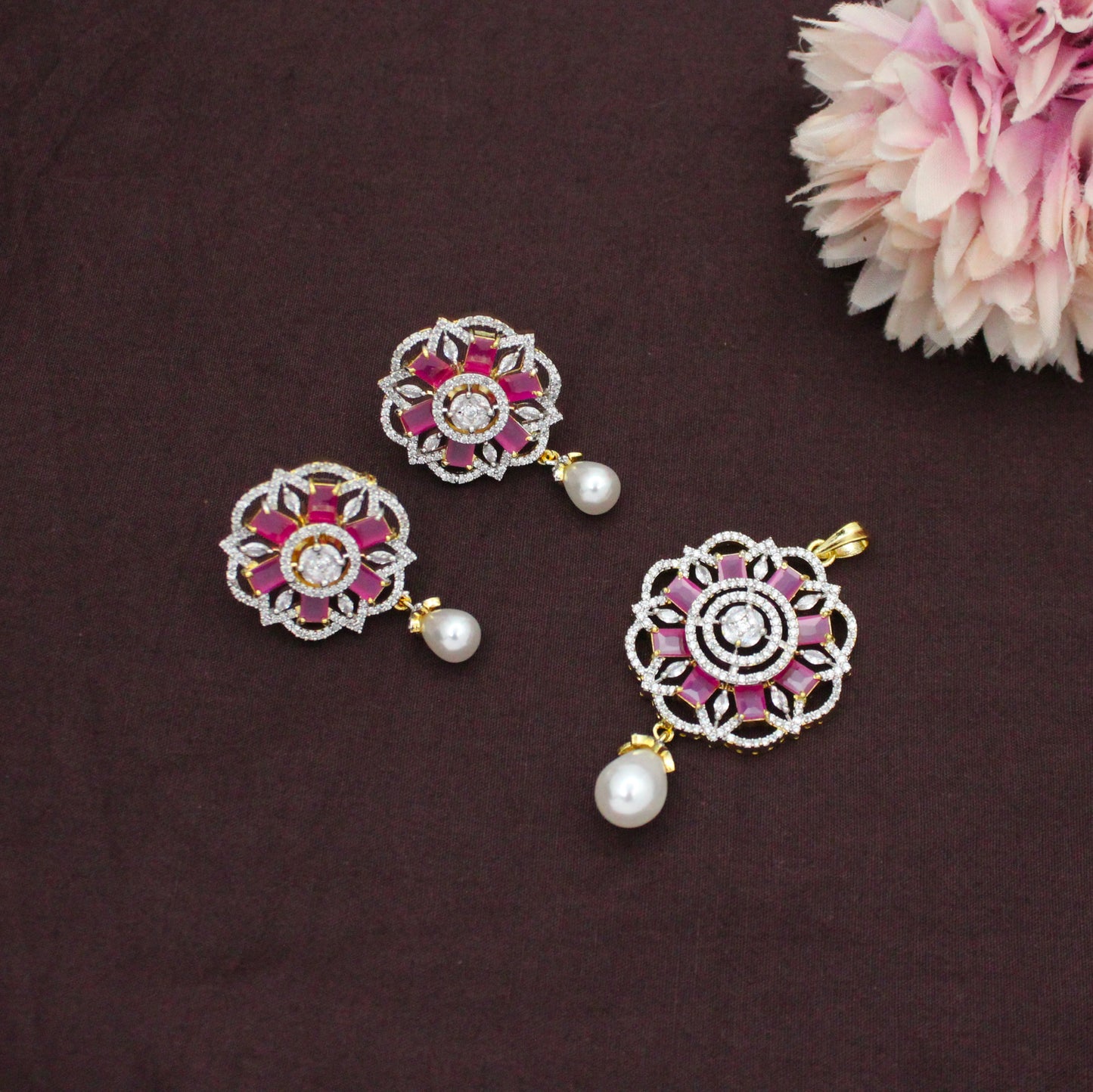 GJ Ruby Pendant Set With Push Back Earrings