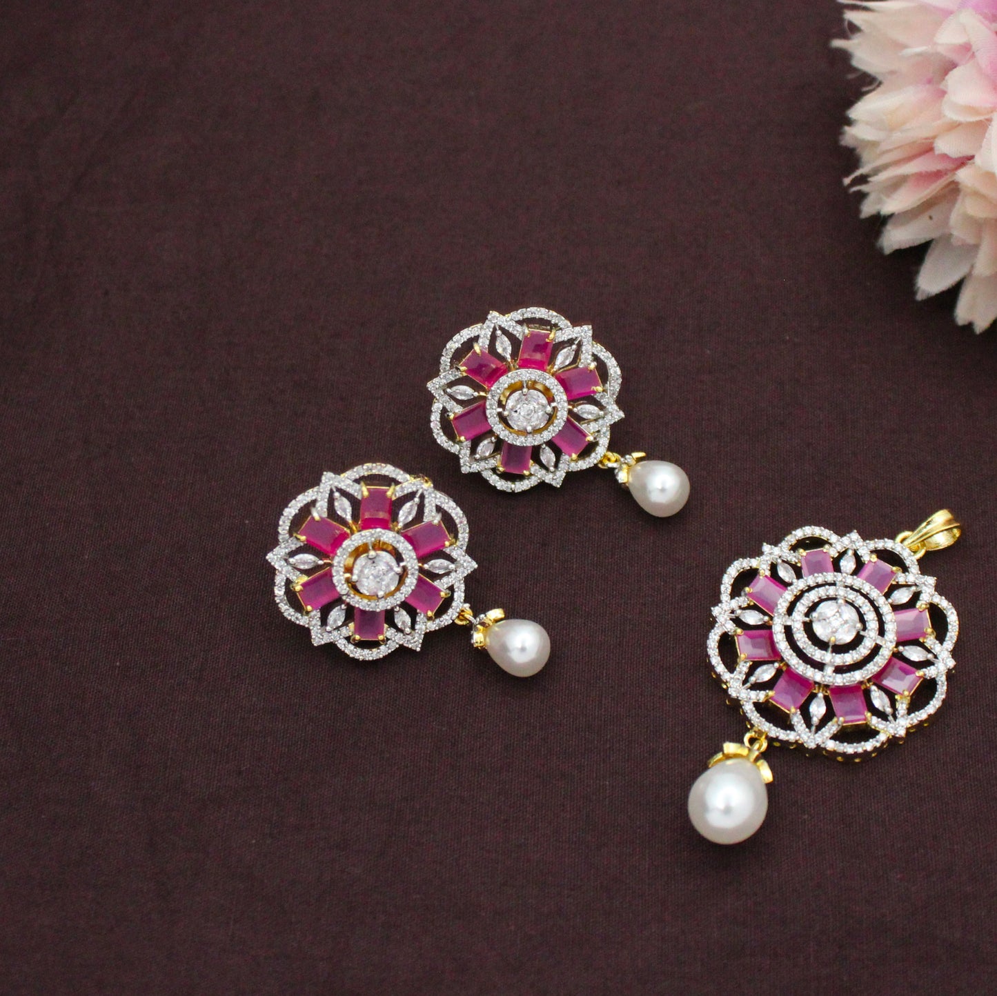 GJ Ruby Pendant Set With Push Back Earrings