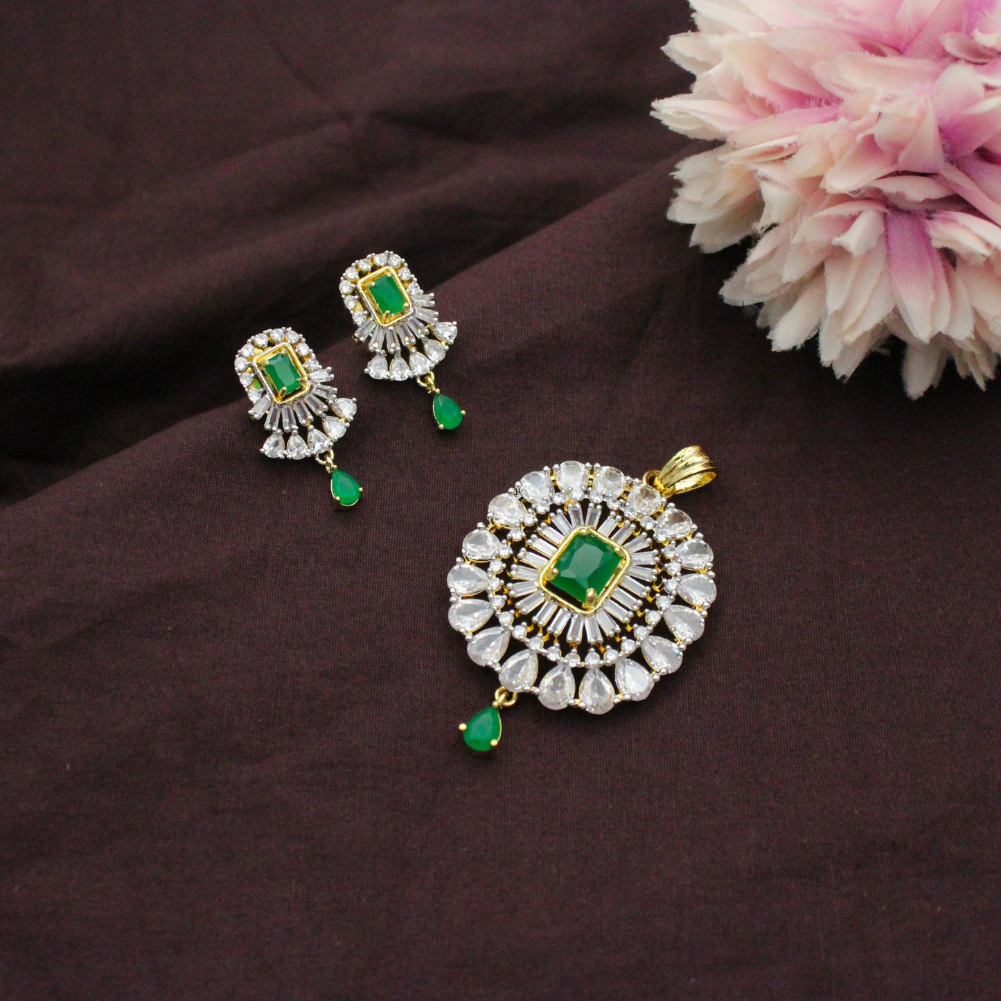 Diamond Look Green Square Stone Pendant Set
