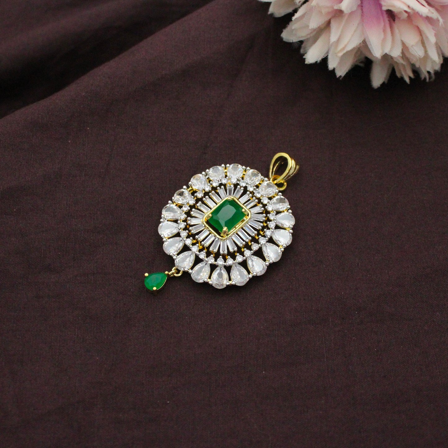 Diamond Look Green Square Stone Pendant Set