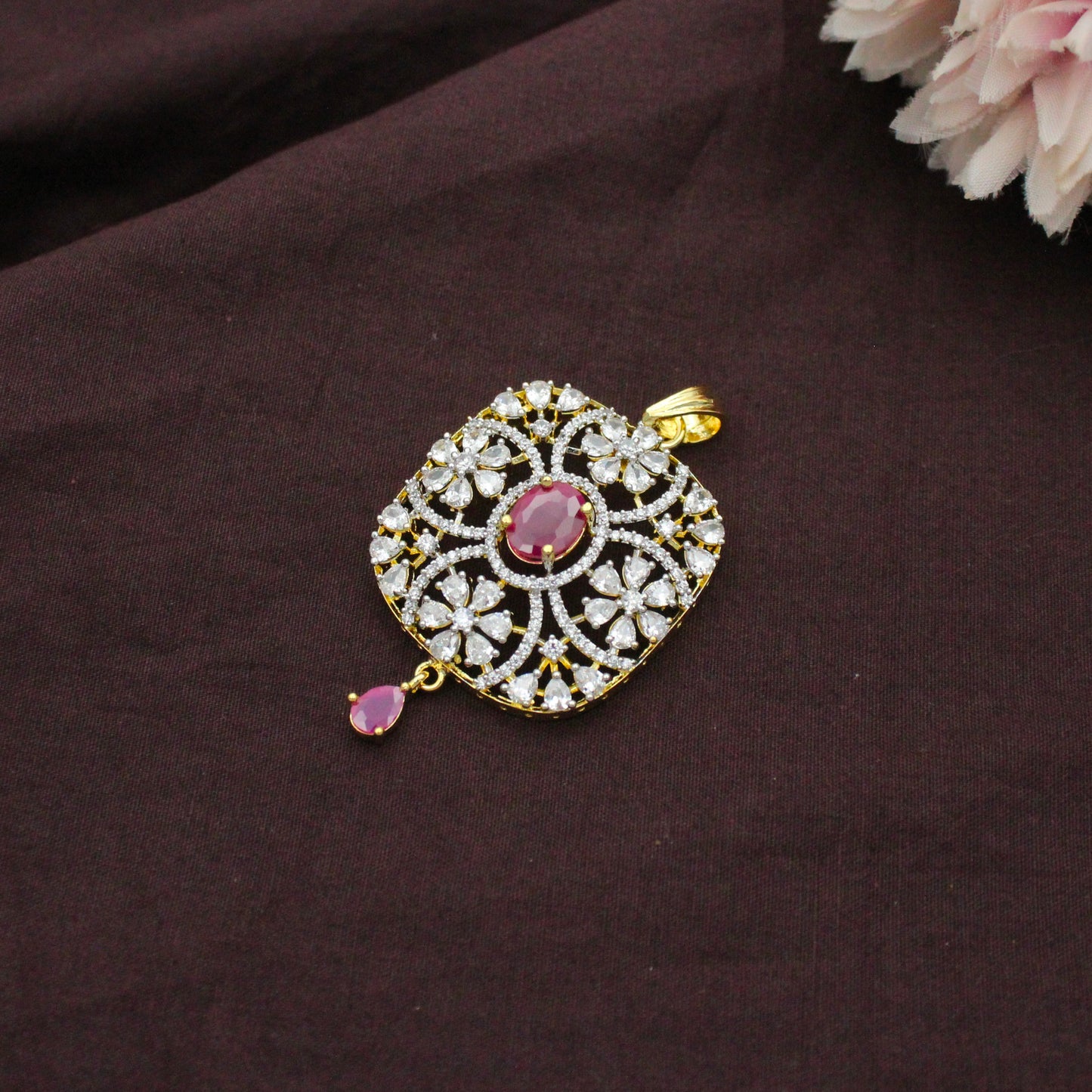 Diamond Look Red Flower Design Pendant Set