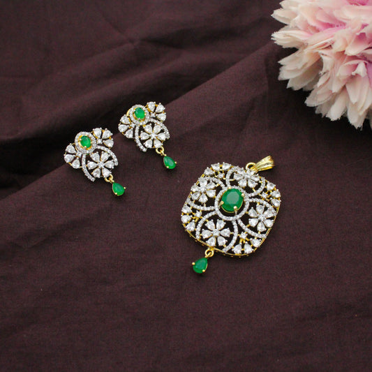 Diamond Look Green Flower Design Pendant Set