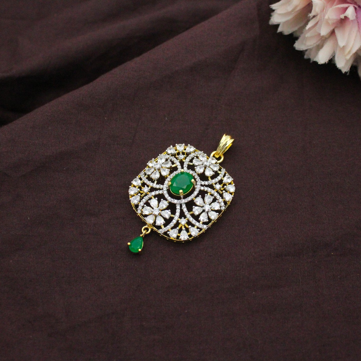 Diamond Look Green Flower Design Pendant Set