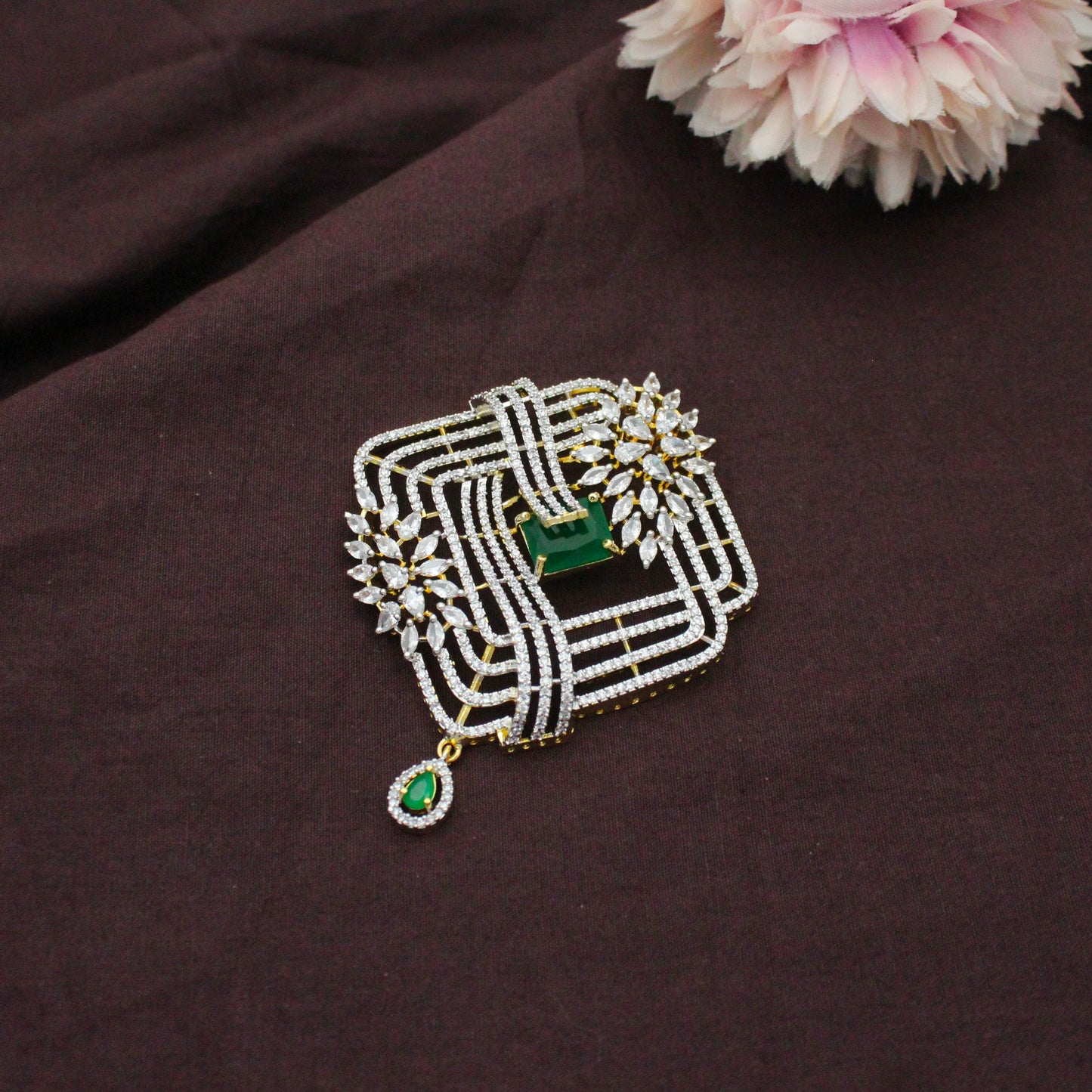 Diamond Look Fancy Green Big Pendant Set