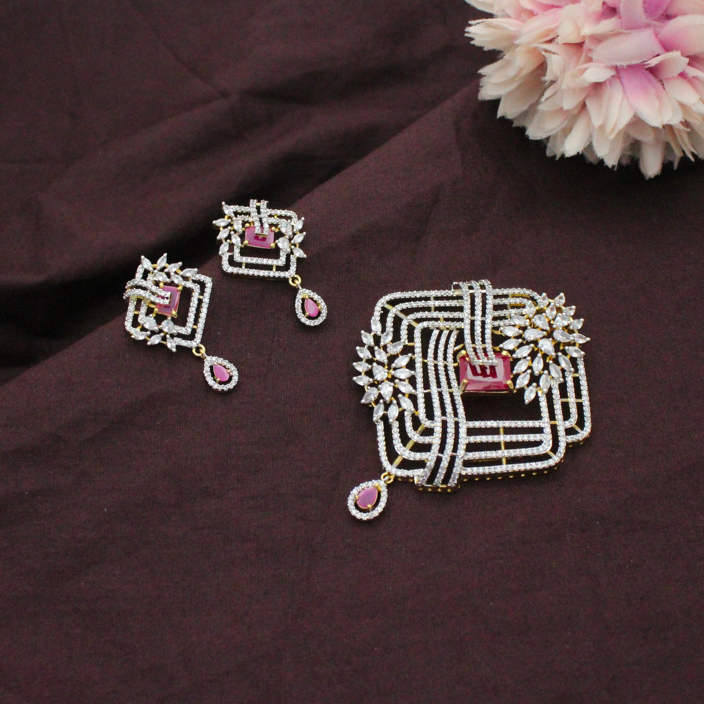 Diamond Look Fancy Red Big Pendant Set