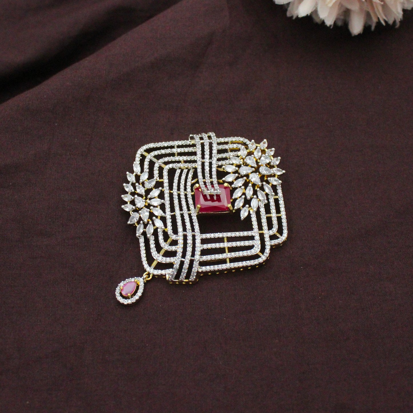 Diamond Look Fancy Red Big Pendant Set