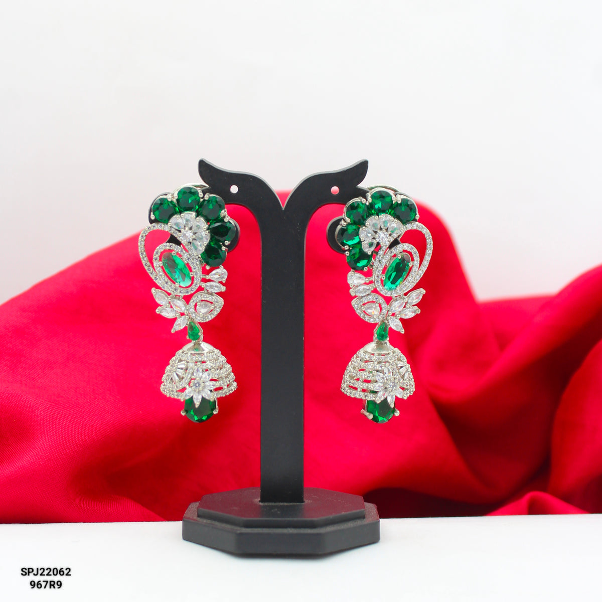 Platinum Big Green Stone Drop Earrings SP-22062