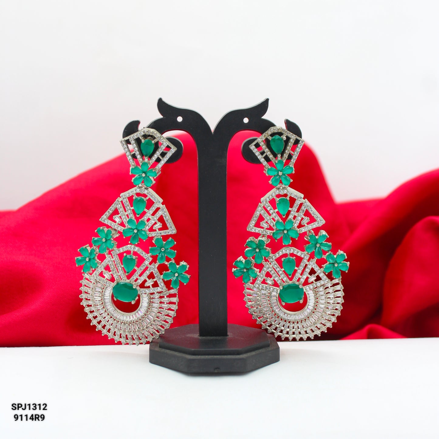 Platinum Big Chandelier Earrings with Green Stones SP-1312
