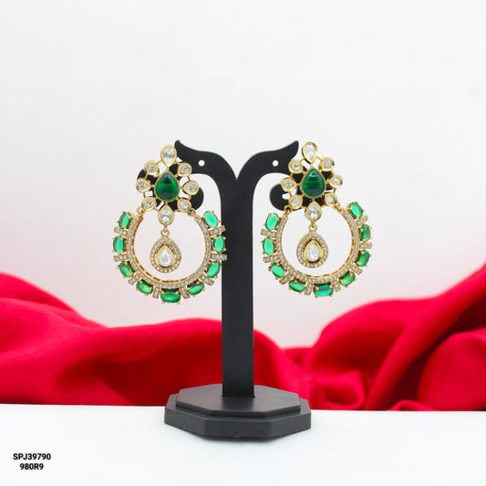 39790 Victorian Moissanite chandbali with green duplet stone