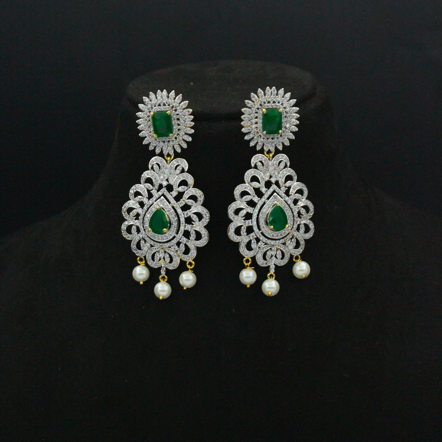 41025 Green CZ Stone GJ Long Necklace Set with Earrings