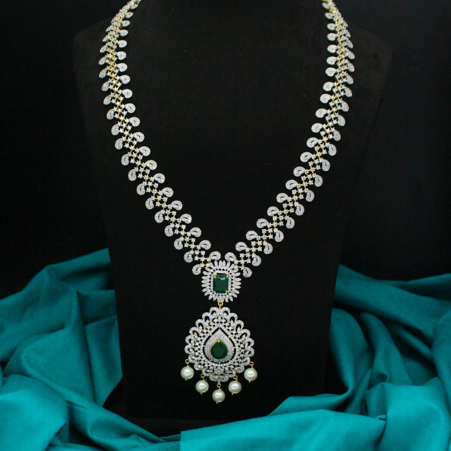 41025 Green CZ Stone GJ Long Necklace Set with Earrings