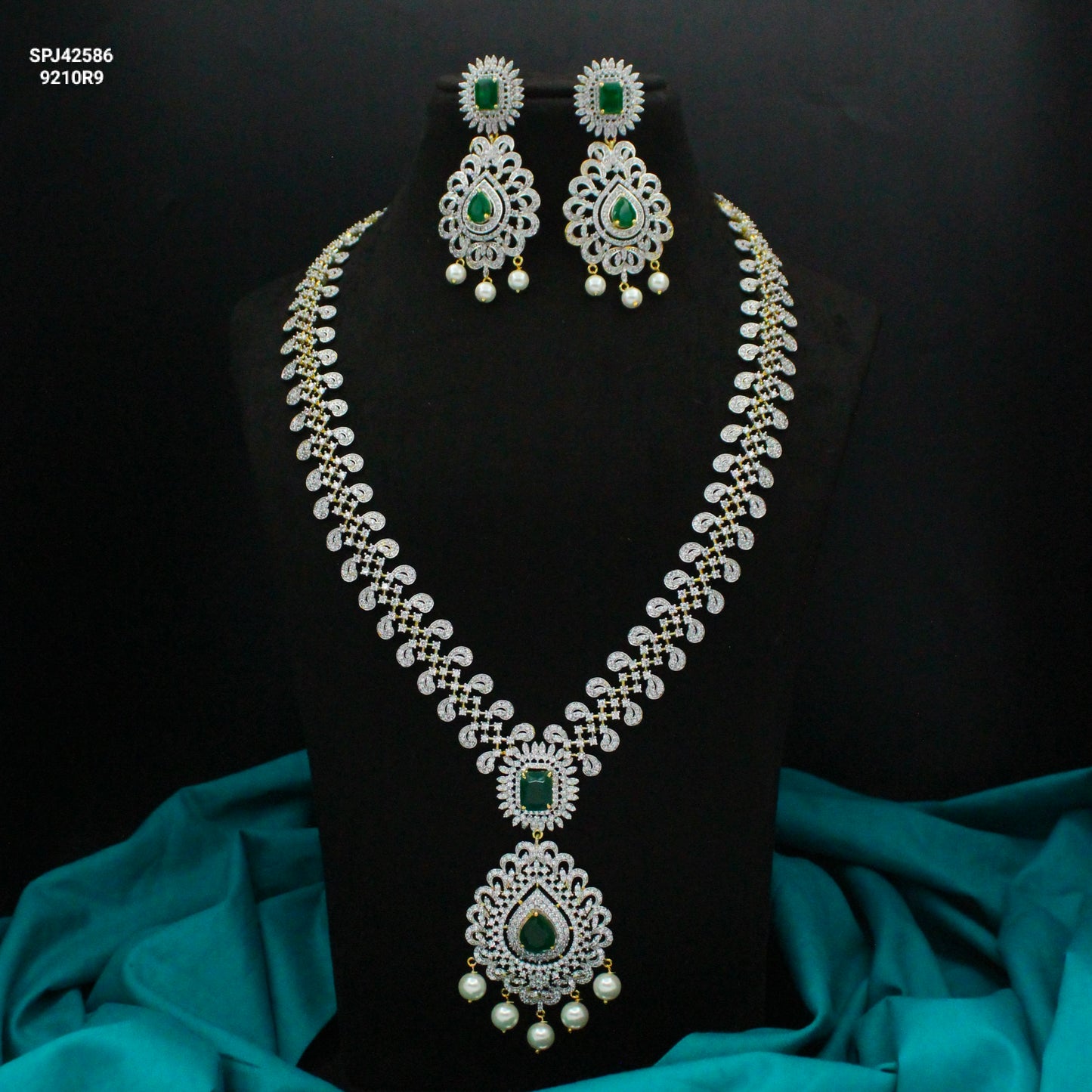 41025 Green CZ Stone GJ Long Necklace Set with Earrings