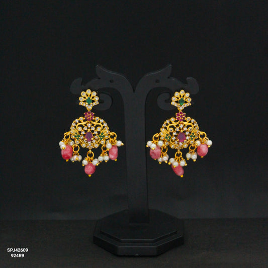 42609 CZ Multi Stone Chandbali With Pink Beads