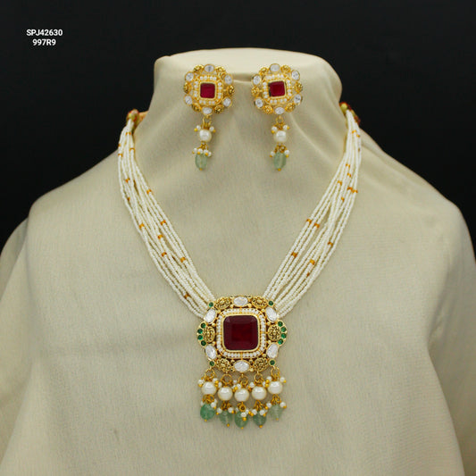 42630 Victorian Poth Choker Square Red With Push Back Earrings