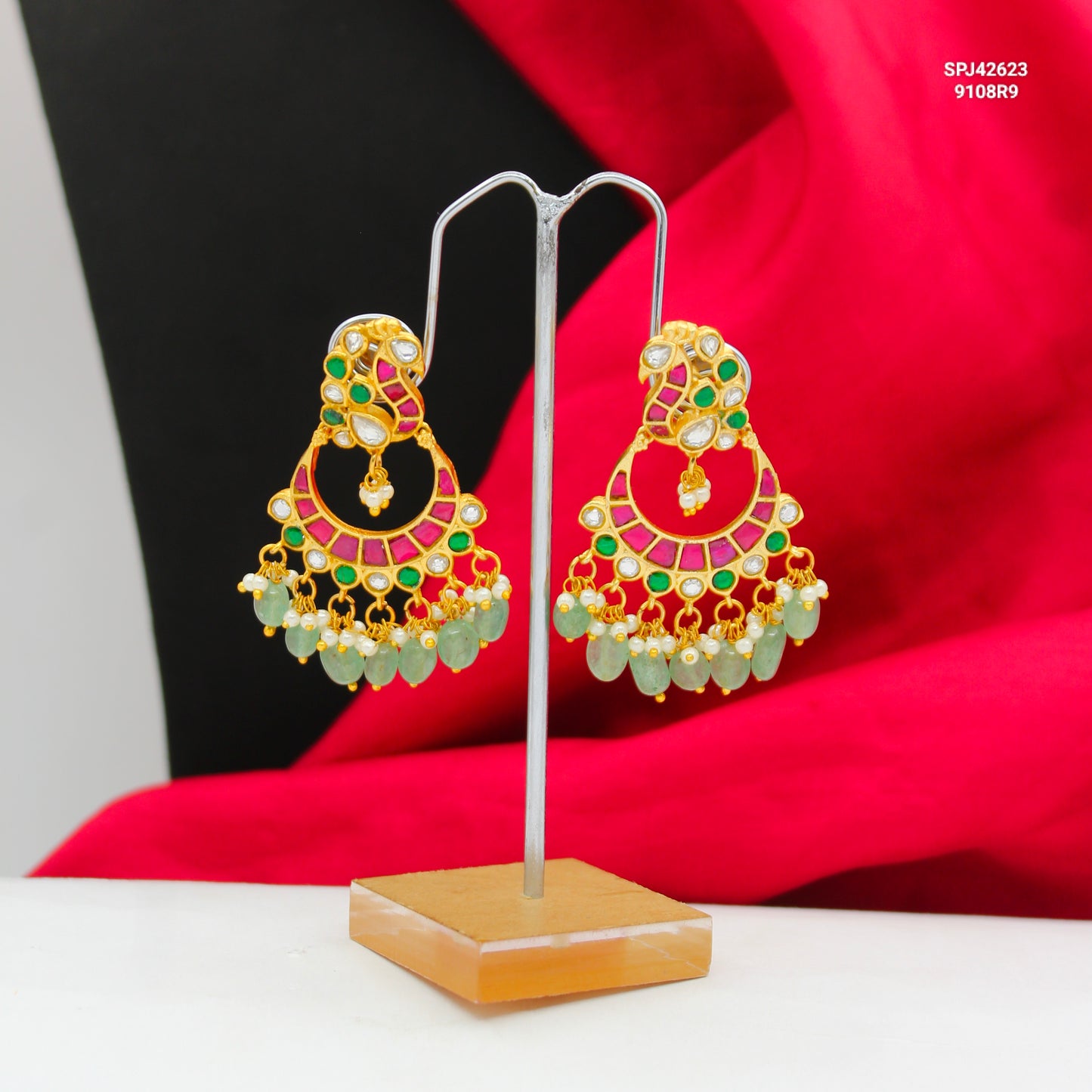 42624 Jadau Kundan Peacock Chandbali Screw Back