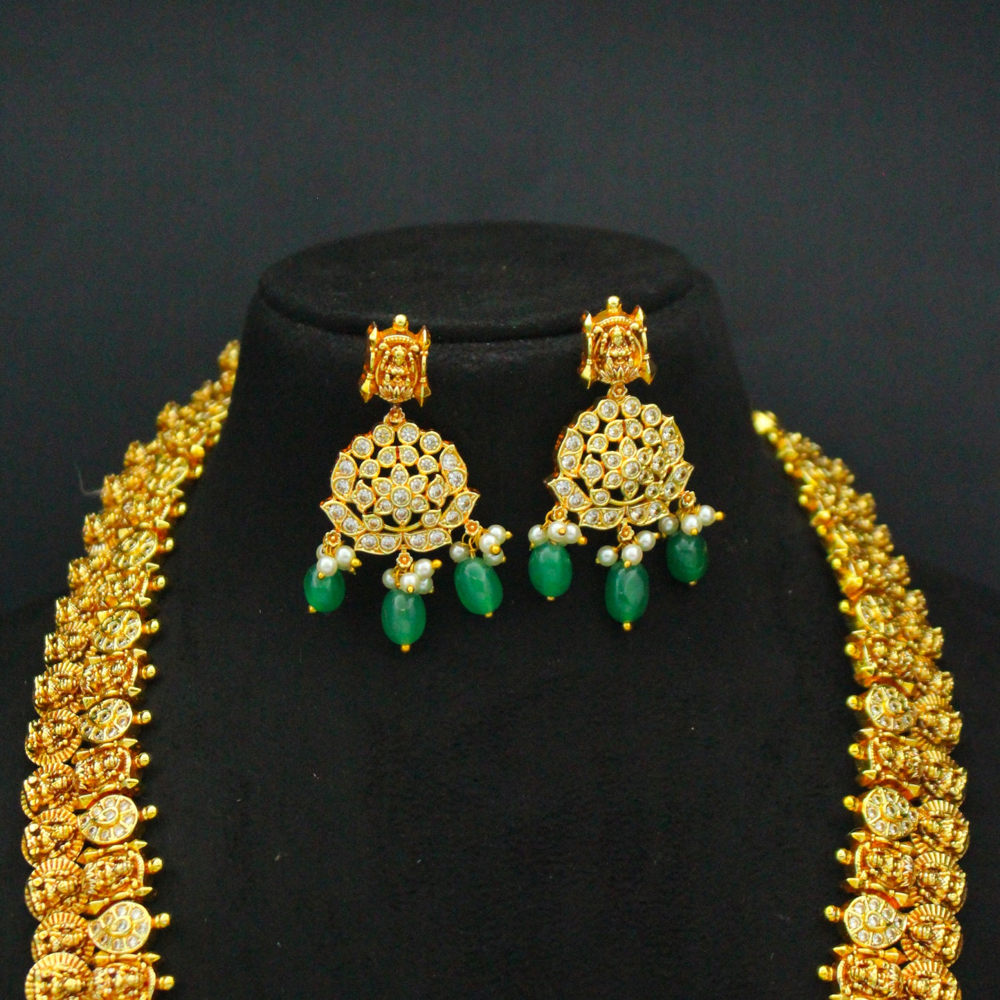 42636 Nakshi Laxmi Kasulu Green Long Necklace Set With Screw Back Earrings