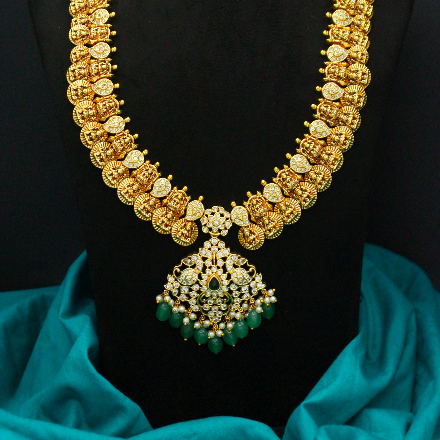 42636 Nakshi Laxmi Kasulu Green Long Necklace Set With Screw Back Earrings