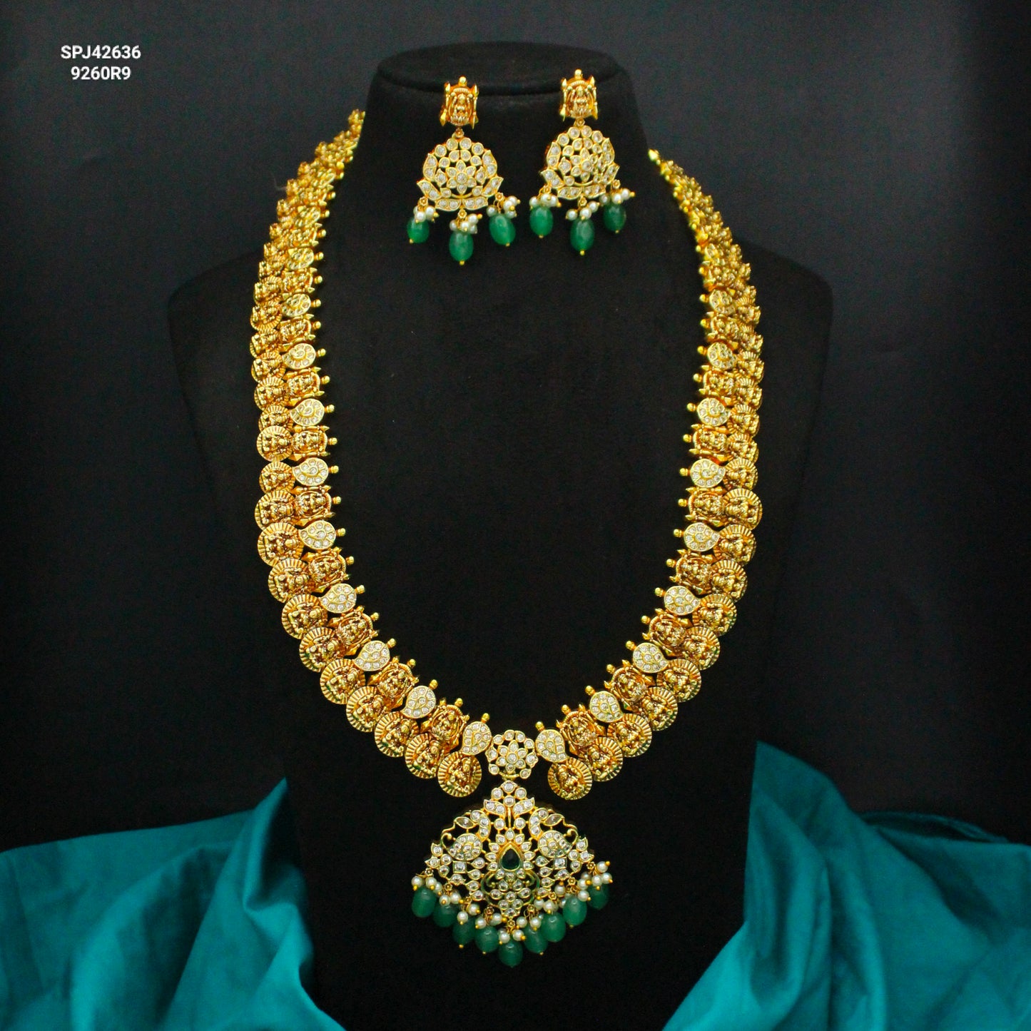 42636 Nakshi Laxmi Kasulu Green Long Necklace Set With Screw Back Earrings