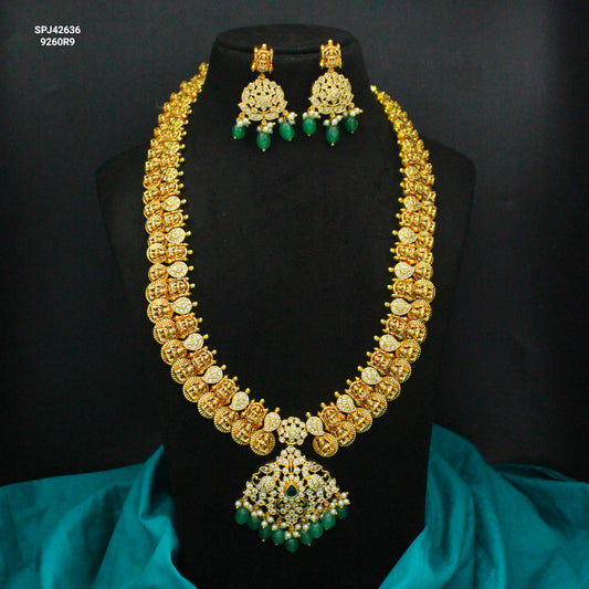 42636 Nakshi Laxmi Kasulu Green Long Necklace Set With Screw Back Earrings