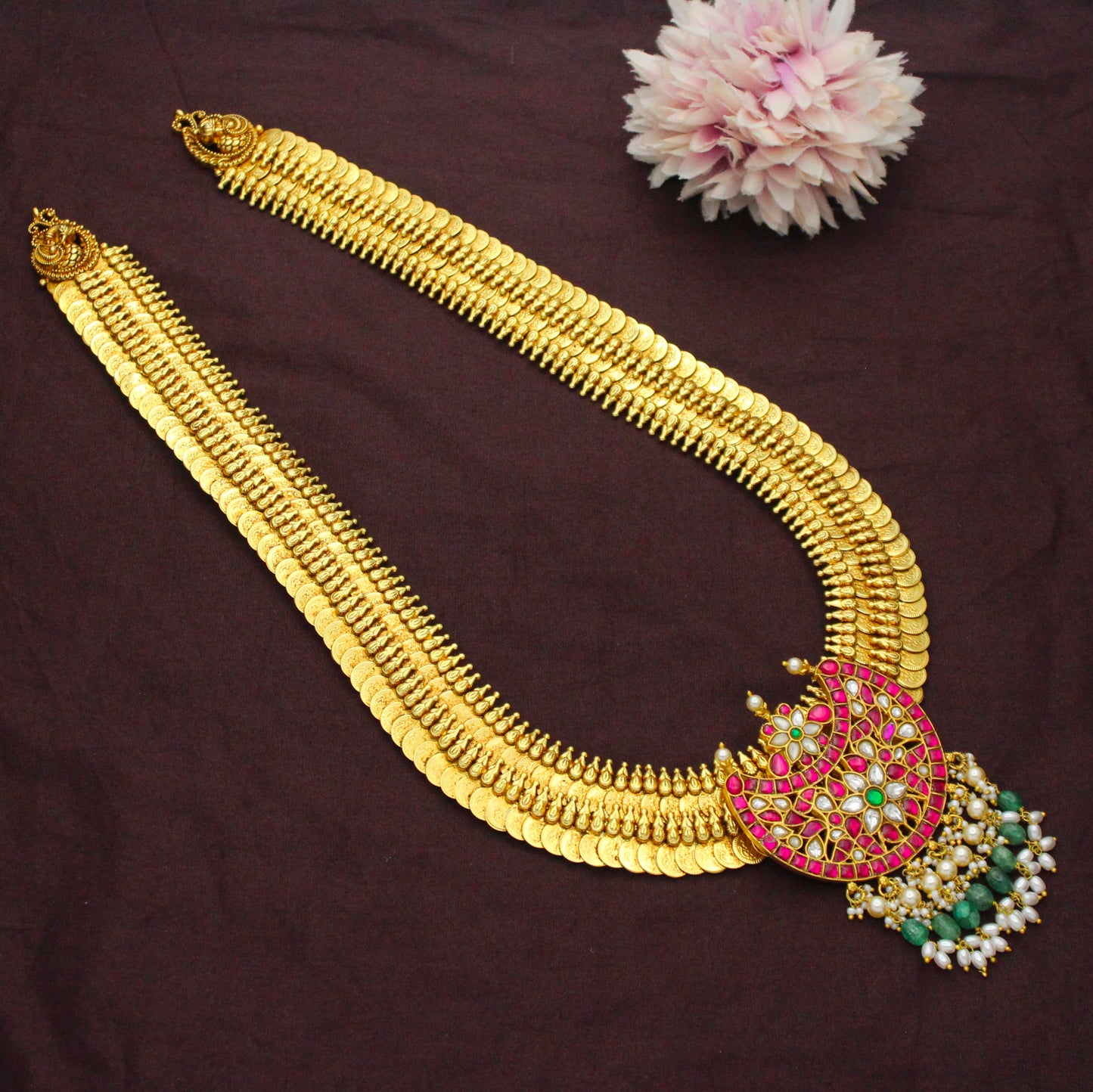 Nakshi Laxmi Long Kasulu Necklace With Jadau Chand Grand Locket