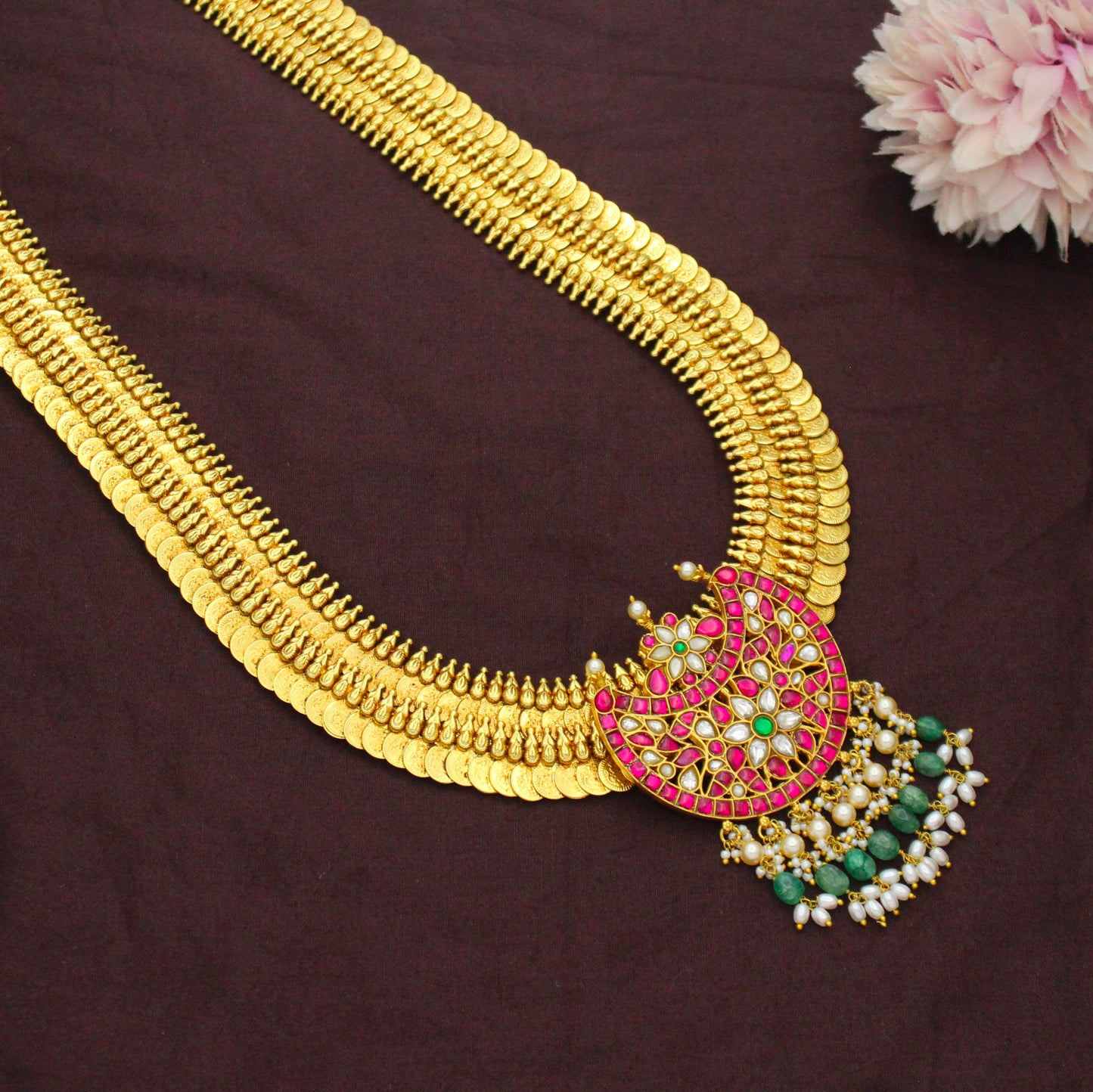 Nakshi Laxmi Long Kasulu Necklace With Jadau Chand Grand Locket