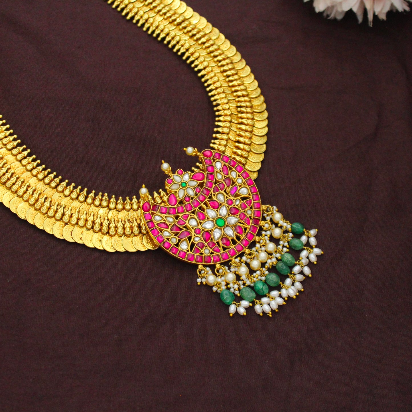 Nakshi Laxmi Long Kasulu Necklace With Jadau Chand Grand Locket
