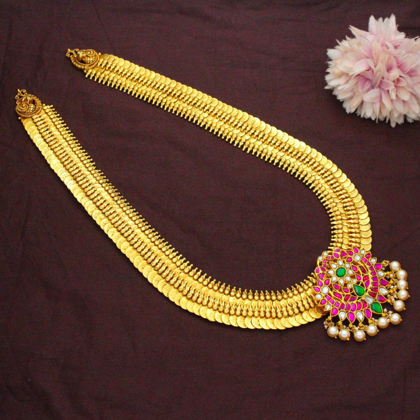 Nakshi Laxmi Long Kasulu Necklace With Jadau Peacock Locket