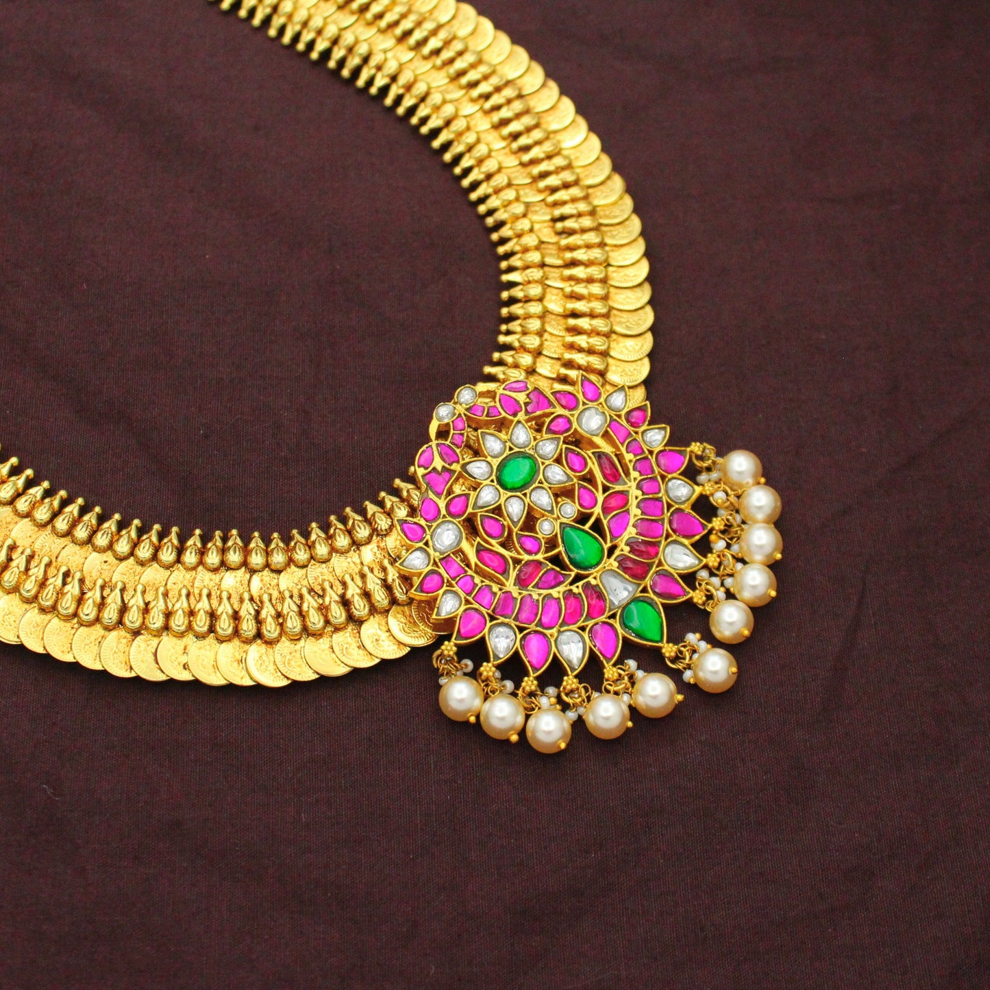Nakshi Laxmi Long Kasulu Necklace With Jadau Peacock Locket