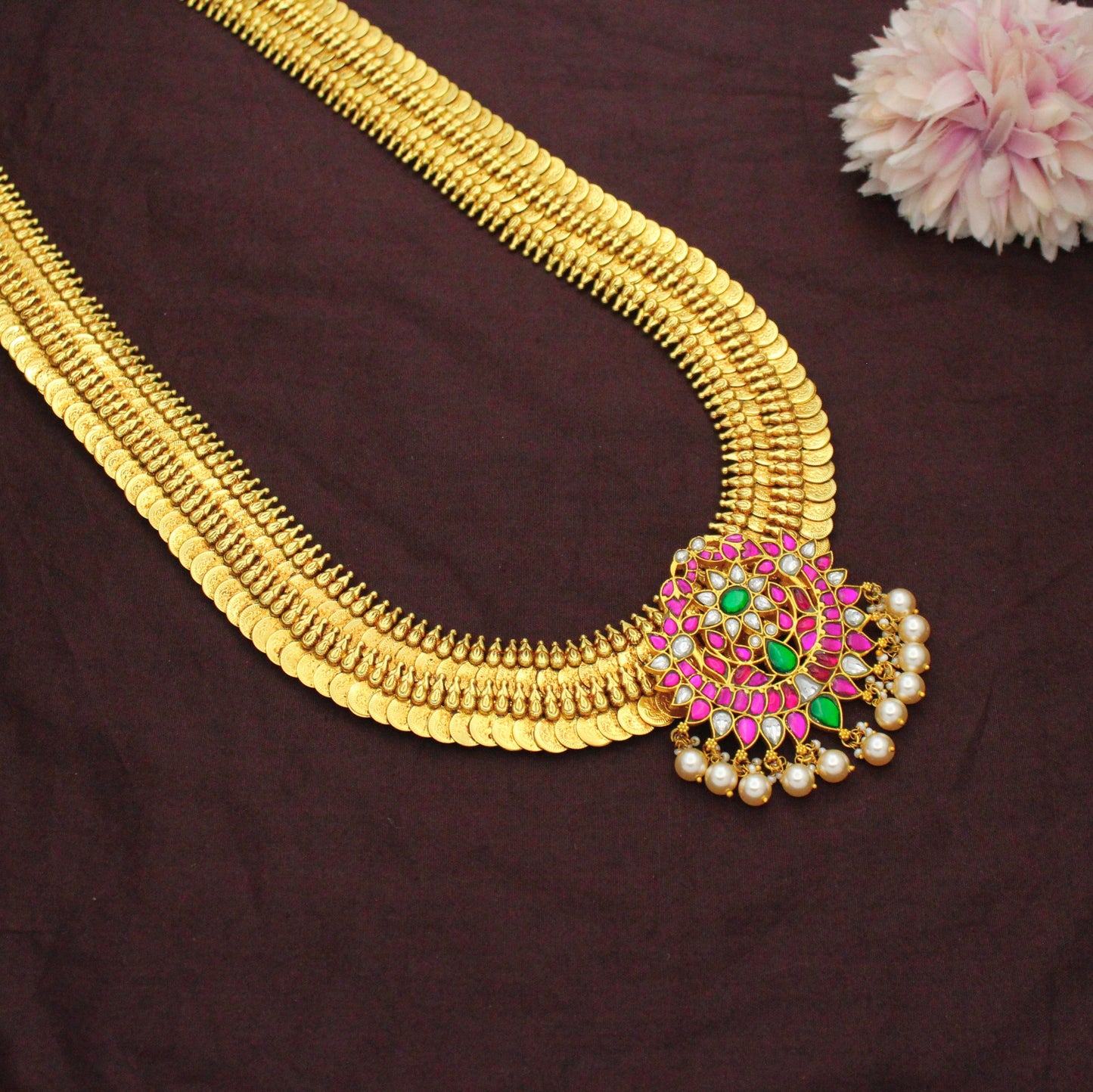 Nakshi Laxmi Long Kasulu Necklace With Jadau Peacock Locket
