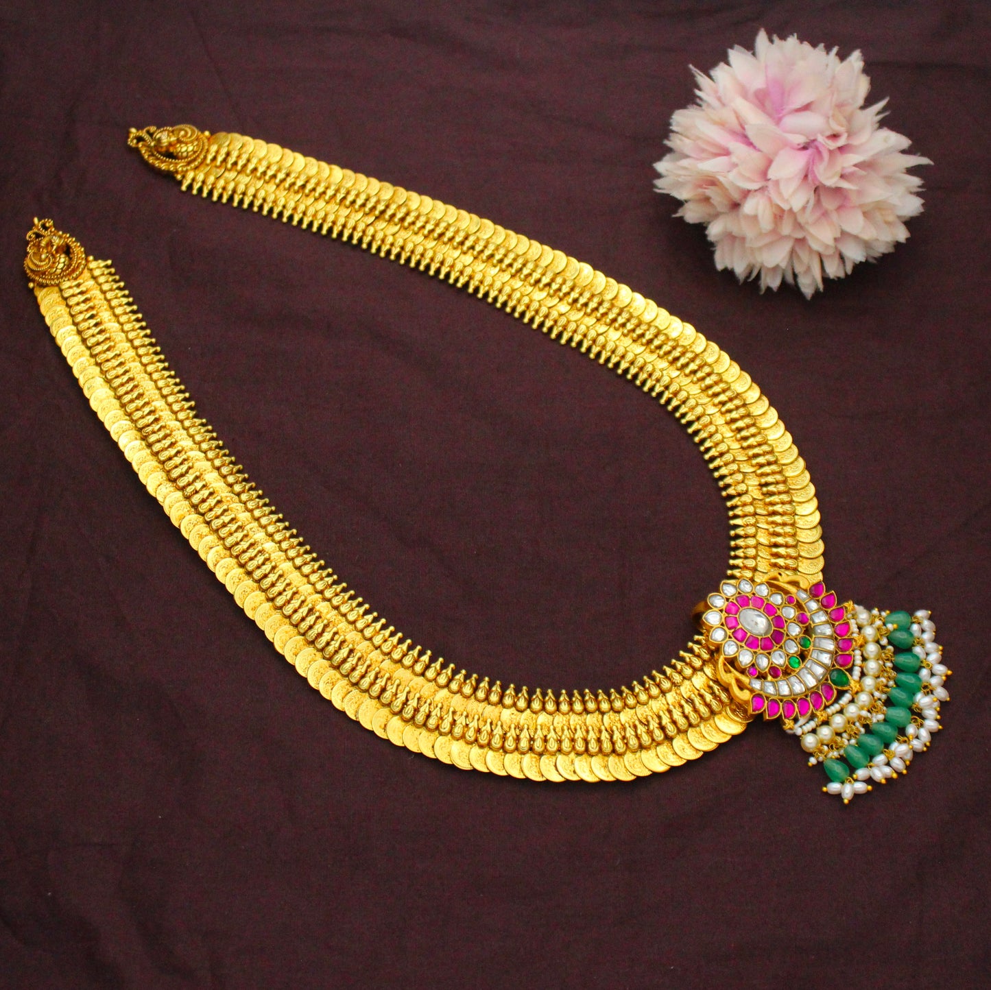 Nakshi Laxmi Long Kasulu Necklace With Jadau Locket