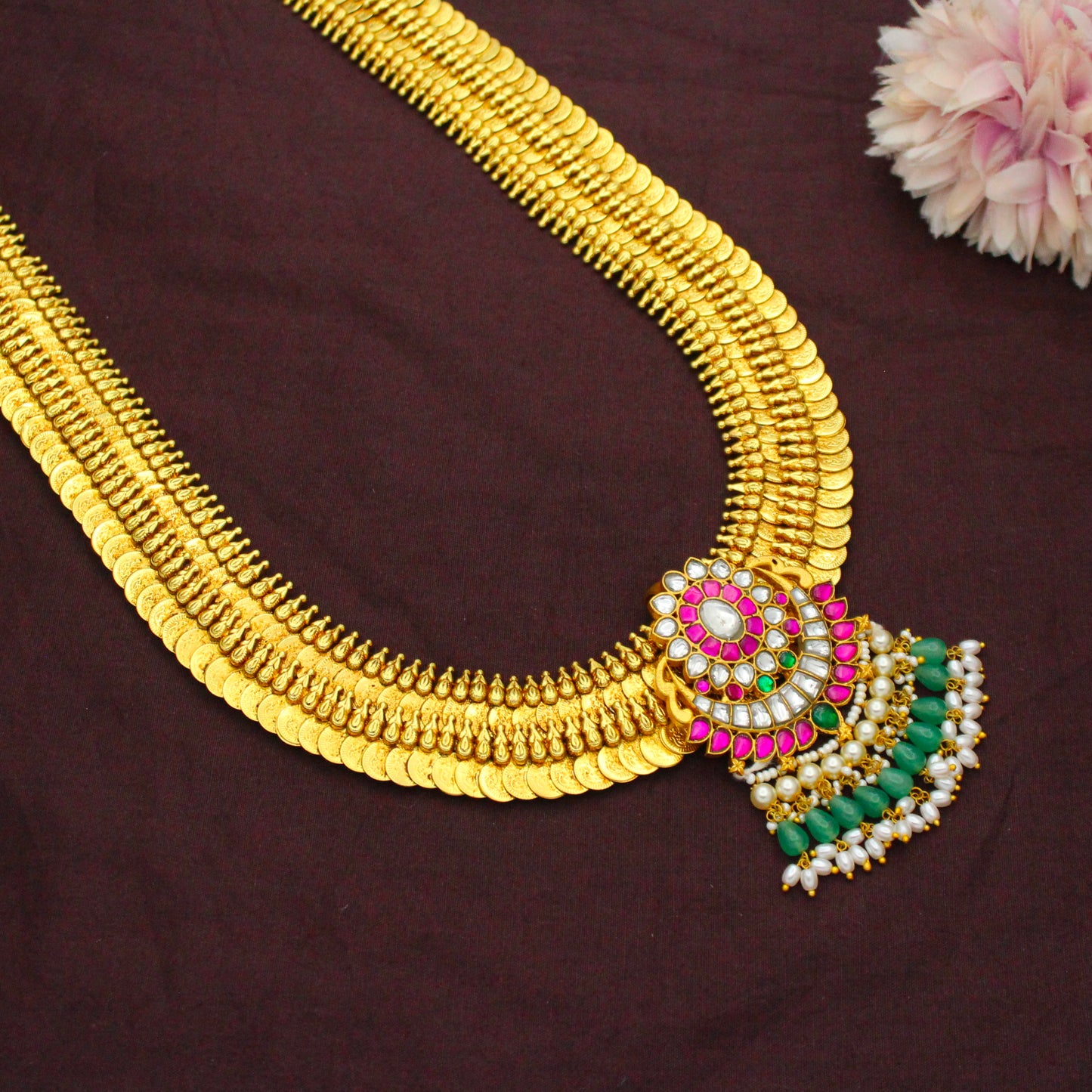 Nakshi Laxmi Long Kasulu Necklace With Jadau Locket