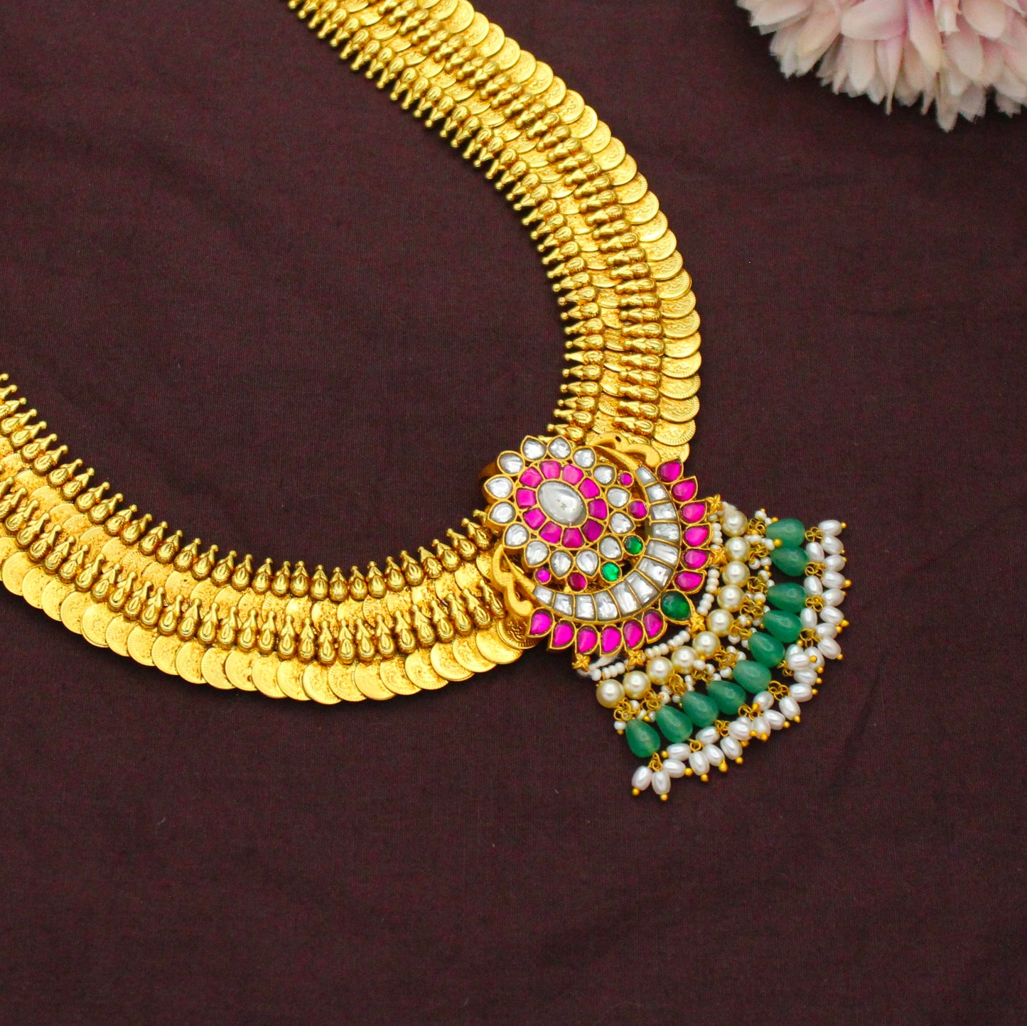 Nakshi Laxmi Long Kasulu Necklace With Jadau Locket