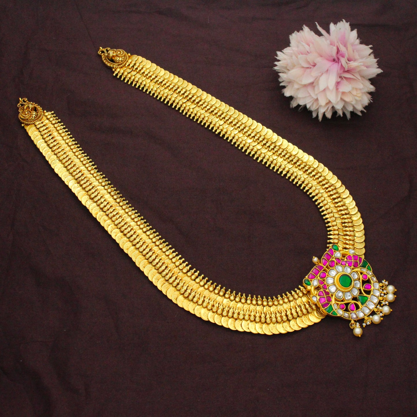 Nakshi Laxmi Long Kasulu Necklace With Jadau Floral Peacock Locket