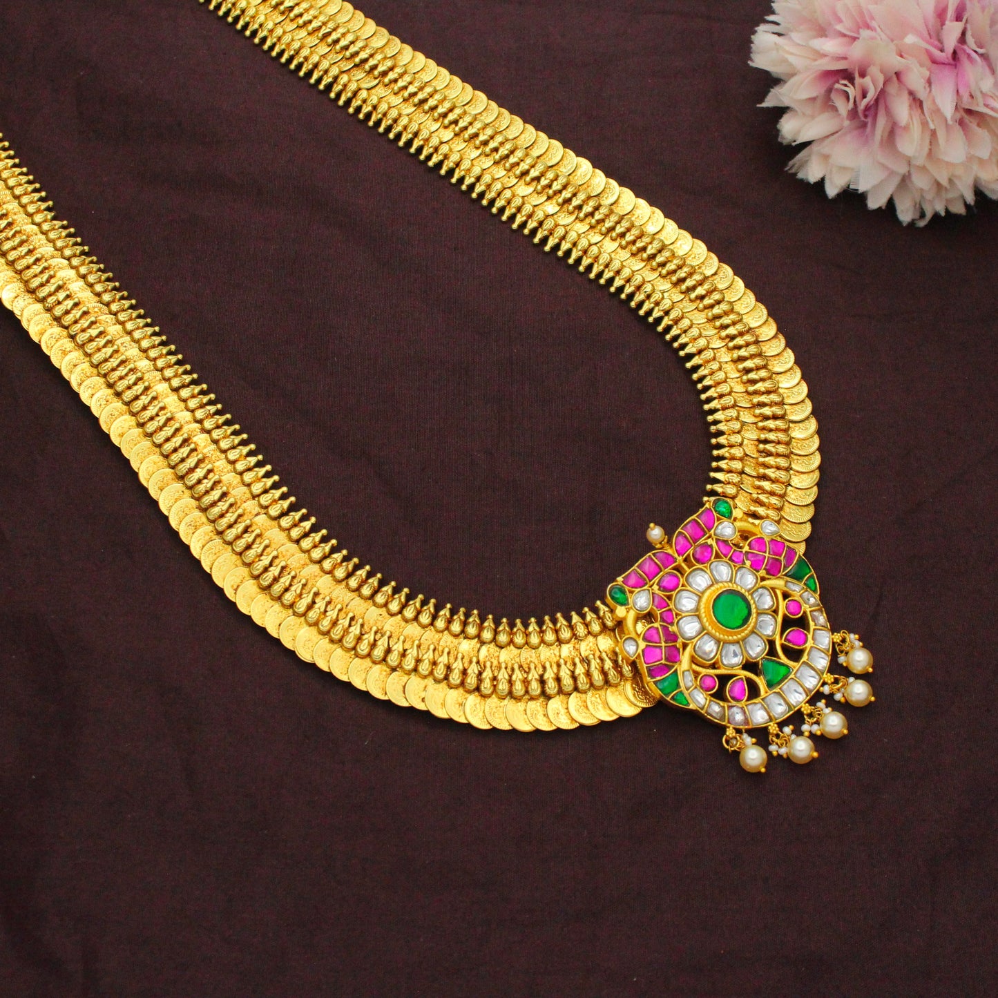 Nakshi Laxmi Long Kasulu Necklace With Jadau Floral Peacock Locket
